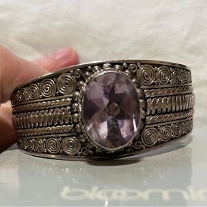 Vintage Suarti Sterling 925 Large Oval Amethyst Cuff Bracelet Intricate Timeless